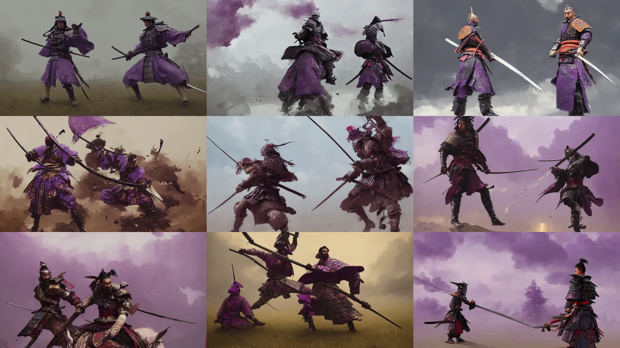 Prompt: magnificent painting of samurai | lightings purple, thunderbolt, watercolor, irredecent, unreal engine, octane render, by jakub rozalski, style art nouveau,