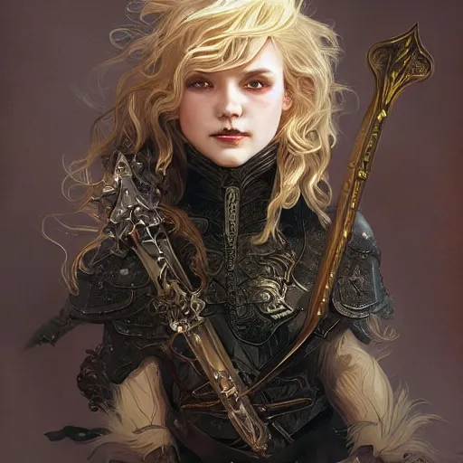 Prompt: a blonde vampire girl, child, freckles, smiling, fangs, messy curly hair, dark leather armor, sword, intricate and very beautiful and elegant, highly detailed, digital painting, artstation, concept art, smooth and sharp focus, cg by tian zi and wlop and alphonse mucha