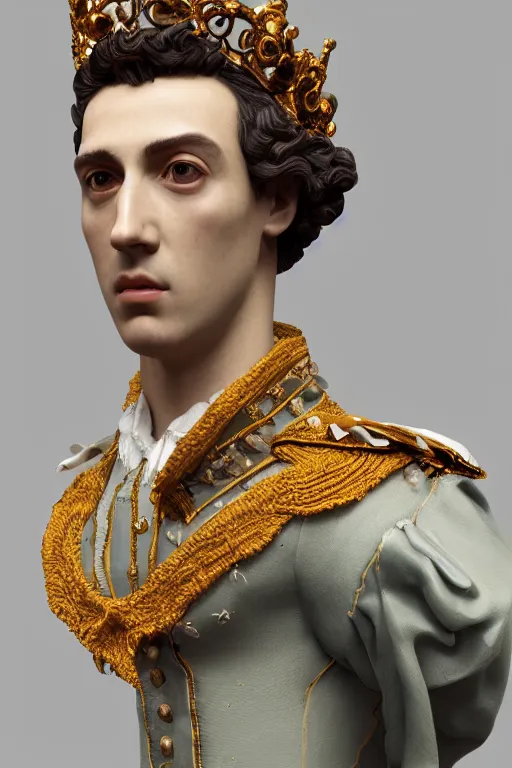 Image similar to a realistic porcelain rococo style bust of handsome young Spanish prince with colored pipecleaners for a crown and suspended in outer space, photorealism, octane render, depth of field, 8k, 35mm, artgem, Trending on artstation