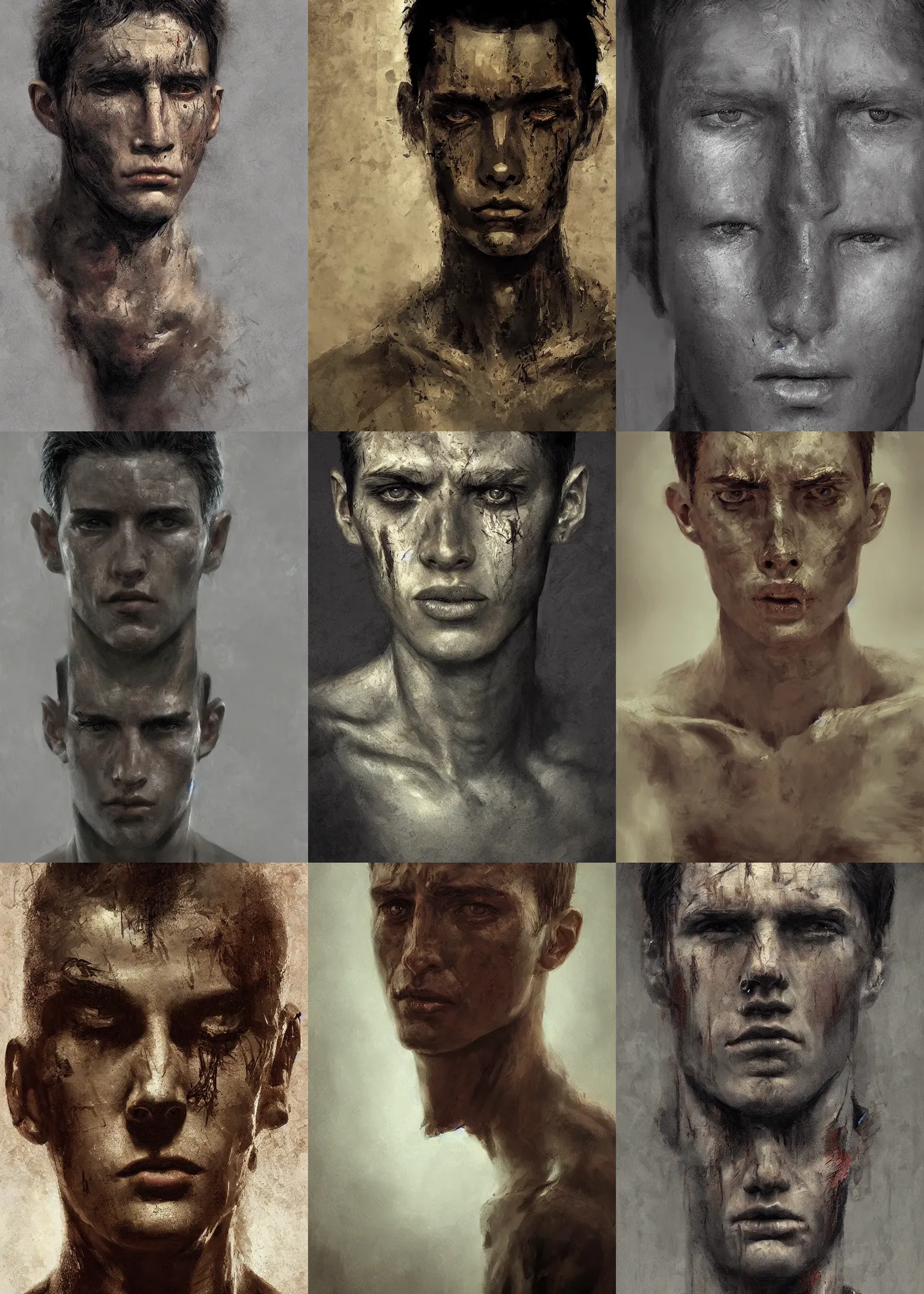 Prompt: 3 / 4 view digital art portrait painting of the suffering devastated gaunt face of a young man survivor from a nuclear war, apocalypse, beautiful face, defined facial features, symmetrical facial features, symmetrical face, painted by craig mullins, dramatic lighting