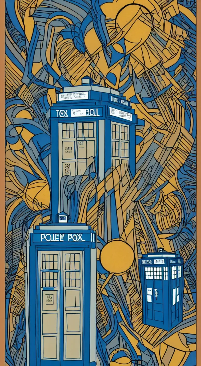 Image similar to the doctor and the TARDIS in an art deco style