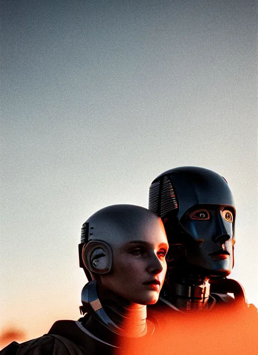 Image similar to cinestill 5 0 d photographic portrait of two loving female androids wearing rugged black techwear on a desolate plain with a red sky in front of a brutalist structure, extreme closeup, cyberpunk style, dust storm, 8 k, hd, high resolution, 3 5 mm, f / 3 2, ultra realistic faces, ex machina