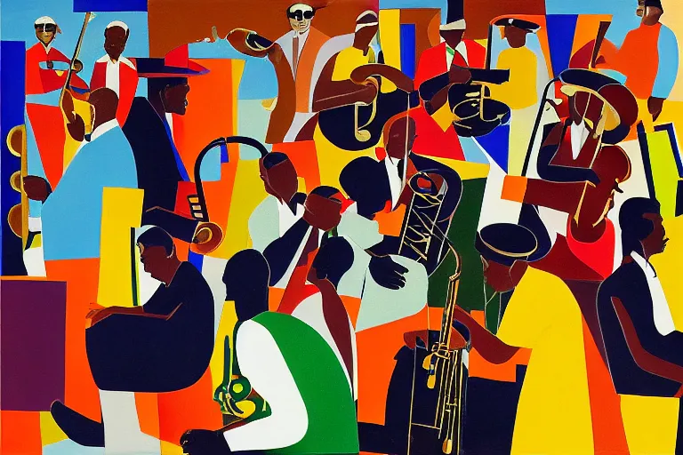 Image similar to a painting of a group of men playing instruments, a jazz band in new orleans, an ultrafine detailed painting by romare bearden, behance, black arts movement, artwork, fauvism, academic art