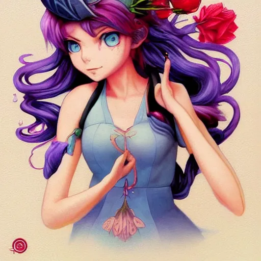 Image similar to Lofi Pokemon original character with wild rose-colored hair and heterochromia, somber, psychic fairy type trainer, Pixar style, by Tristan Eaton Stanley Artgerm and Tom Bagshaw.