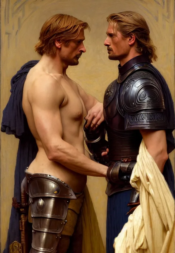 Image similar to attractive handsome fully clothed jaime lannister confesses his love for attractive fully armored brienne of tarth. centered composition. highly detailed painting by gaston bussiere and j. c. leyendecker and william adolphe bouguereau and fra angelico and octane render, musee d'orsay 8 k