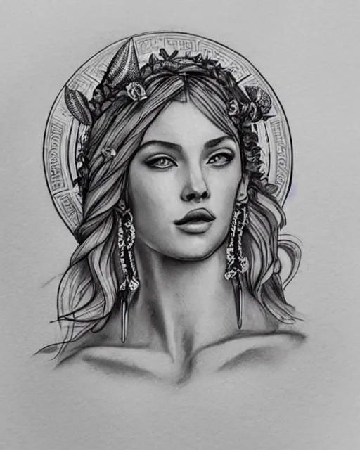 Image similar to realism tattoo sketch of a beautiful greek goddess aphrodite wearing a laurel wreath and arrowhead earrings, beautiful confident eyes, beautiful flowing hair, hyper realistic face, in the style of artgerm, fantasy, amazing detail, epic, elegant, smooth, sharp focus, from the front, long shot