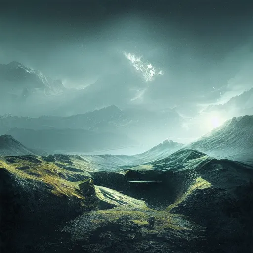 Image similar to michal karcz grunge painting of a beautiful landscape. , space theme, detailed, elegant, intricate, 4k,