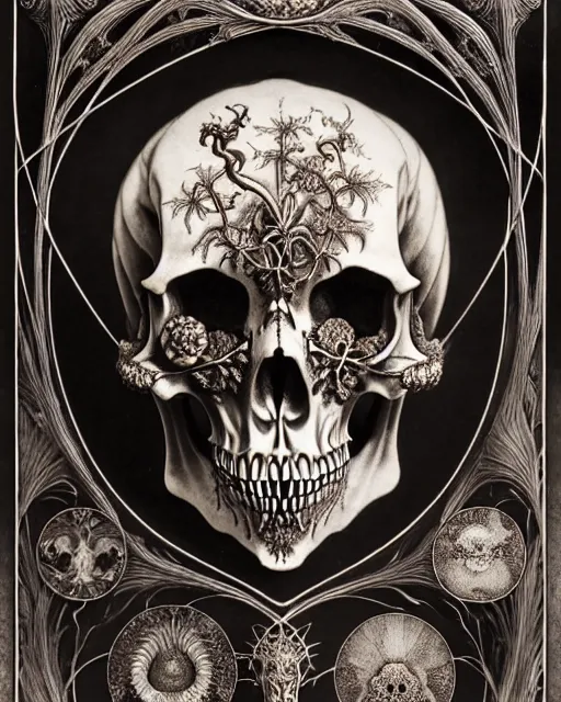 Image similar to art forms of nature by ernst haeckel, memento mori by arthur rackham, ornate antique porcelain beautiful skull mask, ultrasharp, photorealistic, hyperdetailed, octane render, polished, art nouveau, neo - gothic, gothic, intricate ornamental organic filigree, art nouveau botanicals, art forms of nature by ernst haeckel, horizontal symmetry, symbolist, visionary