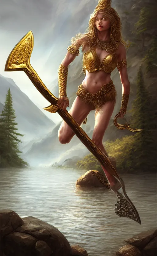 Image similar to lake godness holding gold axe and sliver axe, highly detailed, d & d, water everwhere fantasy, highly detailed, digital painting, trending on artstation, concept art, sharp focus, global illumination, ray tracing, illustration, art by artgerm and greg rutkowski and fuji choko and viktoria gavrilenko and hoang lap