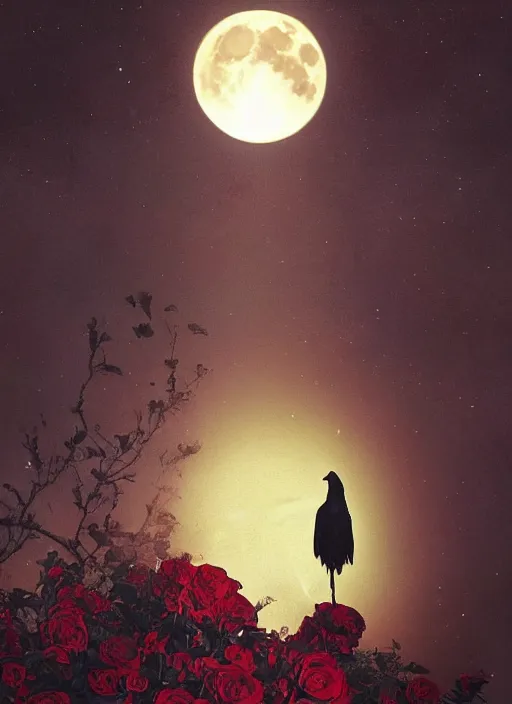 Image similar to Big glowing moon is very important in that image, red and golden color details, portrait, A crow with red eyes in front of the full big moon, book cover, red roses, red white black colors, establishing shot, extremly high detail, foto realistic, cinematic lighting, by Yoshitaka Amano, Ruan Jia, Kentaro Miura, Artgerm, post processed, concept art, artstation, raphael lacoste, alex ross, portrait, A crow with red eyes in front of the full big moon, book cover, red roses, red white black colors, establishing shot, extremly high detail, photo-realistic, cinematic lighting, by Yoshitaka Amano, Ruan Jia, Kentaro Miura, Artgerm, post processed, concept art, artstation, raphael lacoste, alex ross