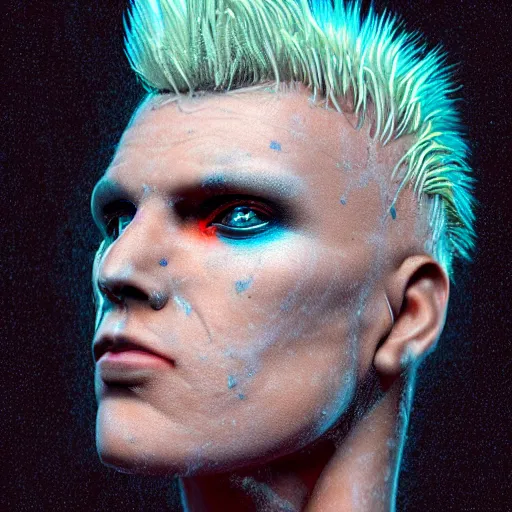 Image similar to hyperrealistic mixed media portrait of a Robot of Billy Idol forward angle, stunning 3d render inspired art by P. Craig Russell and Barry Windsor-Smith + perfect facial symmetry + dim volumetric lighting, 8k octane beautifully detailed render, post-processing, extremely hyperdetailed, intricate futuristic mechanic parts, epic composition, grim yet sparkling atmosphere, cinematic lighting + masterpiece, trending on artstation