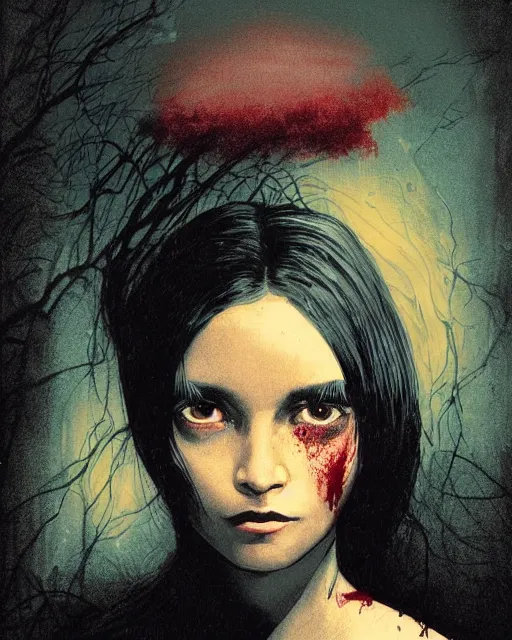 Prompt: a pulp illustration of a beautiful but creepy girl in layers of fear, with haunted eyes and dark hair piled on her head, 1 9 7 0 s, seventies, wallpaper, a little blood, morning light showing injuries, delicate embellishments, painterly, offset printing technique, by brom, moebius, robert henri, walter popp