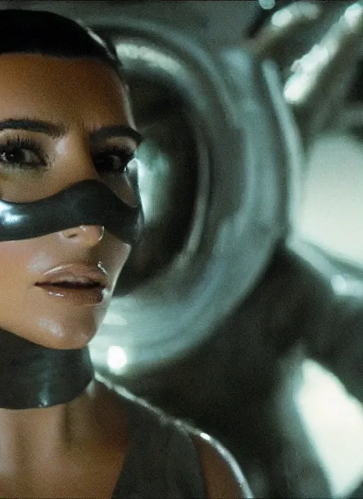 Image similar to movie still full pov of kim kardashian wearing a alien facehugger mask, in the movie alien. cinematic full shot.