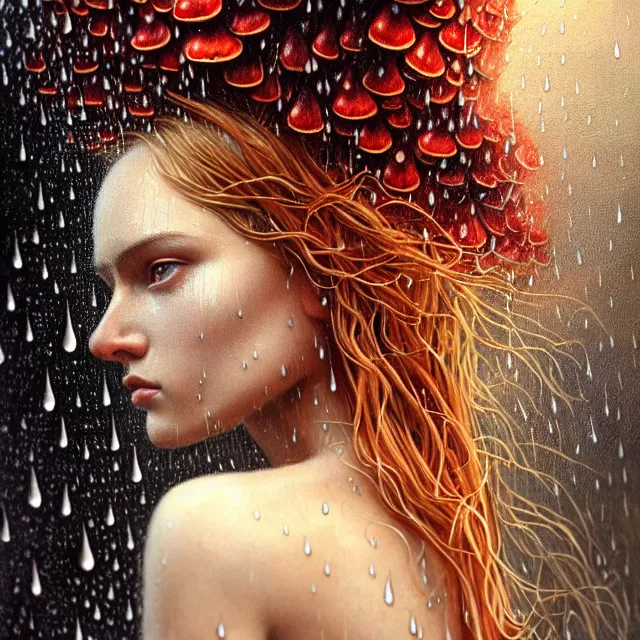 Image similar to bright portrait surrounded by mushrooms with rain on face and wet hair, diffuse overhead lighting, fantasy, intricate, elegant, dramatic lighting, highly detailed, lifelike, photorealistic, digital painting, artstation, illustration, concept art, smooth, sharp focus, art by John Collier and Albert Aublet and Krenz Cushart and Artem Demura and Alphonse Mucha