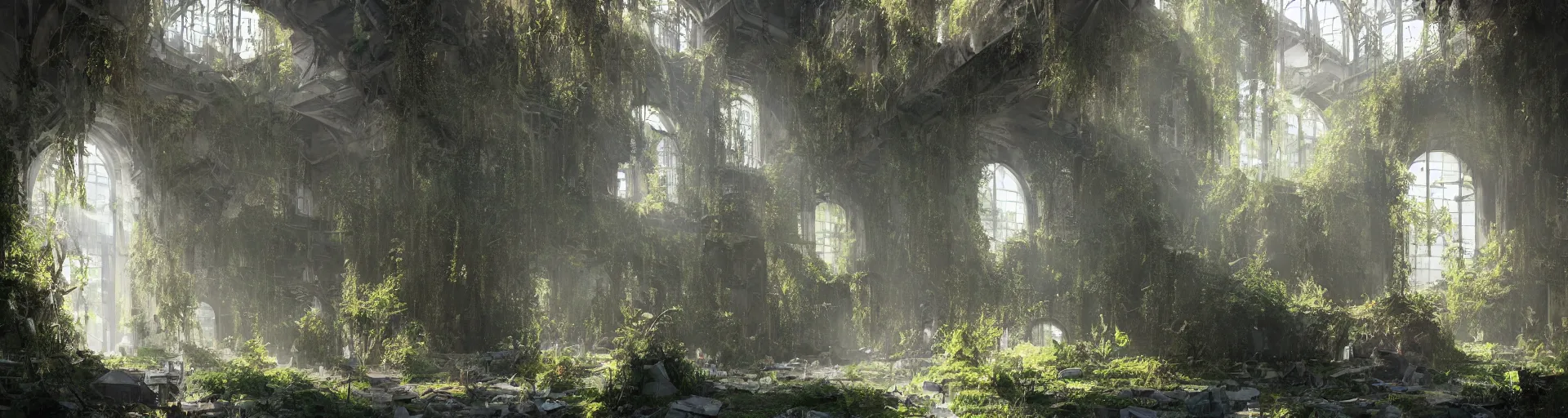 Image similar to In the midst of a densely overgrown ruin, a large space with sunlight filtering through the broken windows, a high ceiling, a vast floor, flooded with crystal clear water, gorgeous, trending on Artstation, digital art