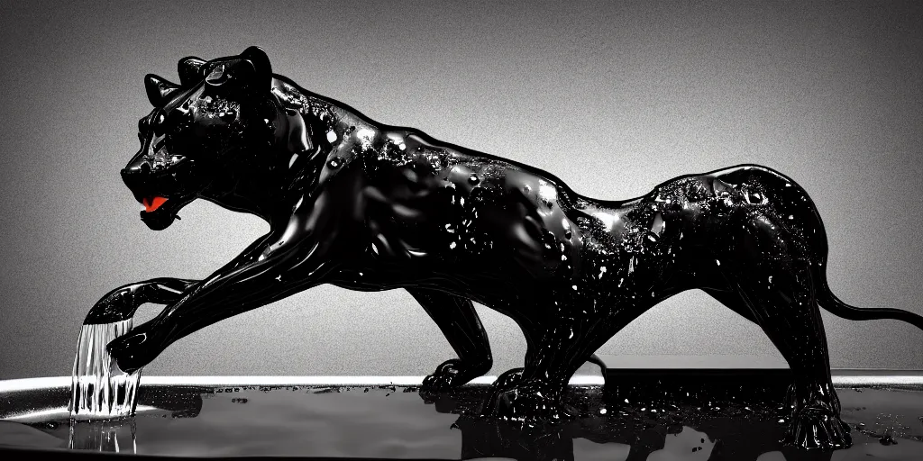 Image similar to the black lioness made of ferrofluid, bathing inside the bathtub filled with tar, dripping tar, drooling goo, sticky black goo, photography, dslr, reflections, black goo, rim lighting, cinematic light, chromatic, saturated, slime, modern bathroom, hyper realistic, 8 k resolution, unreal engine 5, raytracing