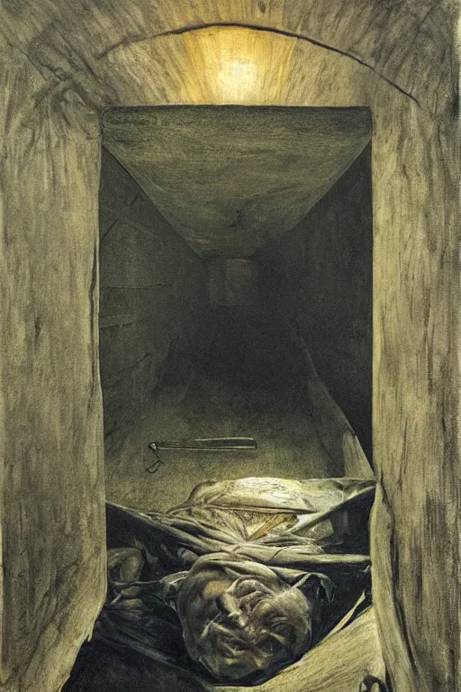 Image similar to Andrew Wyeth artwork, A man with a wooden box under his arm stands inside a dark tunnel, looking up with an expression of horror