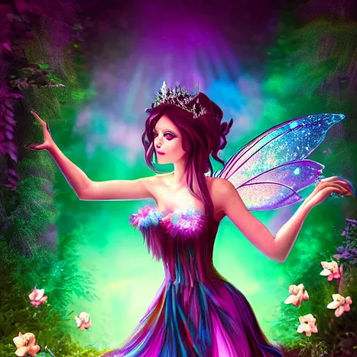 Prompt: evil fairy princess with galaxy wings residing in a deep dark forest grove, beautiful colorful pretty artistic 4 k artstation trending dynamic dramatic lighting realistic floral garden blooming flowers high contrast light and dark magnificent