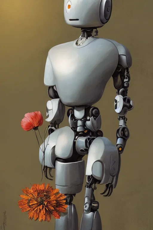 Prompt: a close up of a robot holding a flower, a digital painting by scott listfield, cgsociety, digital art, made of flowers, digital painting, speedpainting