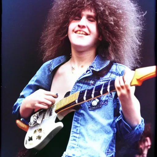 Image similar to 19-year-old girl wearing double denim, thick shaggy hair, permed hair, holding electric guitar, 1971, proto-metal concert, live at Royal Albert Hall, concert lighting