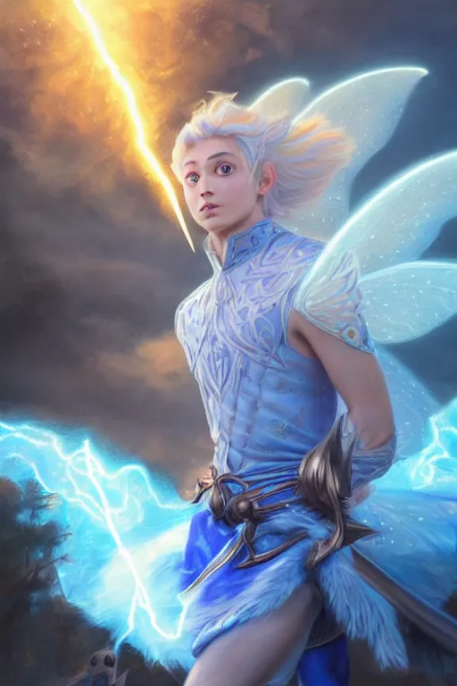 Image similar to legendary fairy prince casting a lightning spell,, blue energy, highly detailed, d & d, fantasy, highly detailed, digital painting, trending on artstation, concept art, sharp focus, illustration, global illumination, ray tracing, realistic shaded, art by artgerm and greg rutkowski and fuji choko and viktoria gavrilenko and hoang lap