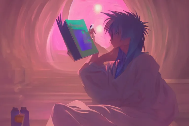 Image similar to an anime wizard reading a book, misty, glows, digital art, hazy, foggy, ambient lighting, 8 k, neon, synthwave,