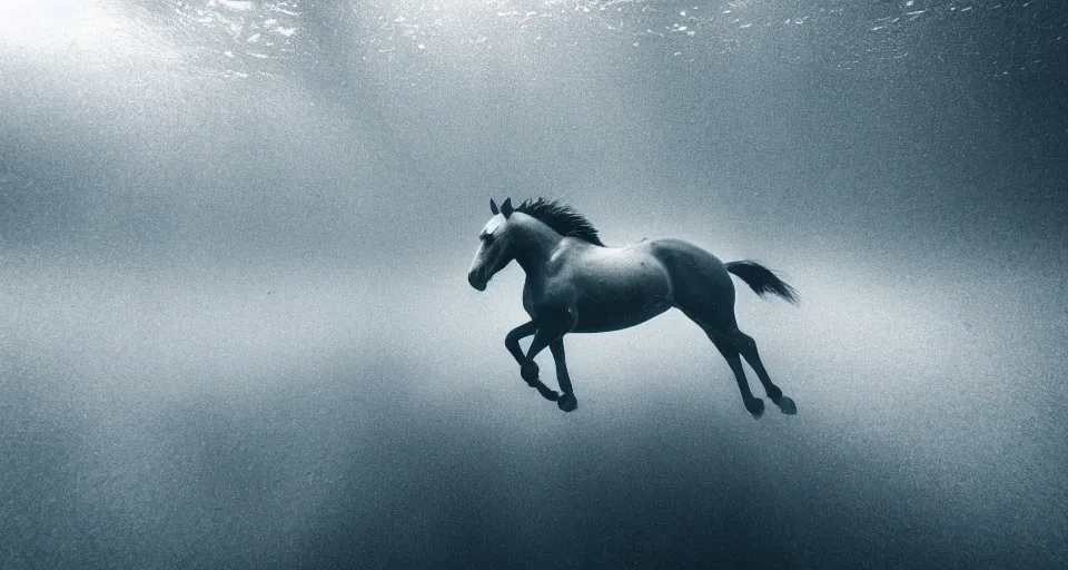 Prompt: a horse running under water, bottom of the ocean, sea floor, aquatic, horse, profile