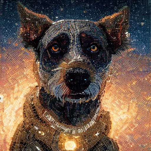 Image similar to mosaic portrait of a beautiful young dog falling into the stars by greg rutkowski, 4k, intricate details