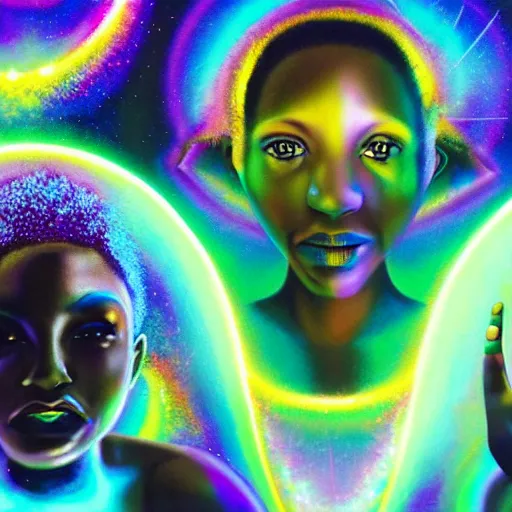 Image similar to african!!! boys and girls playing with holograms and iridescent bubbles of light near the space gates of futuristic heaven, by Adi granov and afarin sajedi and amanda sage and evgeni gordiets and Agostino Arrivabene in a psychedelic portrait style, afofuturism, afropunk, black art, rendered in octane, volumetric lighting, digital illustration, fractal, extremely symmetrical!!, highly detailed faces, 8k, hd.