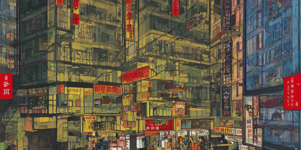 Image similar to through a window, view in hong kong, by dan mumford and peter doig and edward hopper, minimal, black in, thick lines highly detailed, muted colours, overlaid with chinese adverts, 8 k