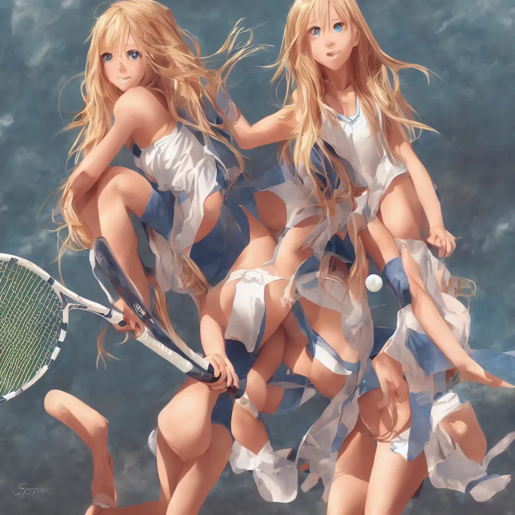 Image similar to a very beautiful young tennis player yuuki asuna, full body, long wavy blond hair, sky blue eyes, full round face,, bikini, miniskirt, front view, mid - shot, highly detailed, cinematic wallpaper by stanley artgerm lau