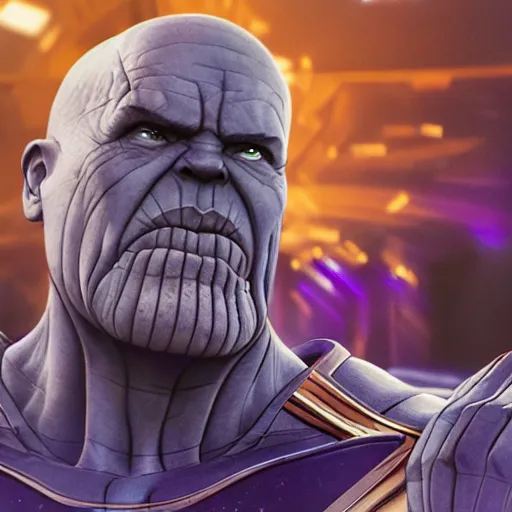 Prompt: thanos playing poker and going all in, high detail, photorealistic, depth of field