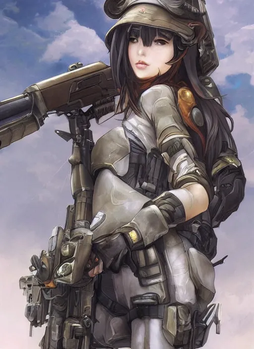 Prompt: of a beautiful sniper girl in war, with futuristic gear and helmet, portrait by nina masic and ross tran and miho hirano, detailed, epic video game art, warm color tone