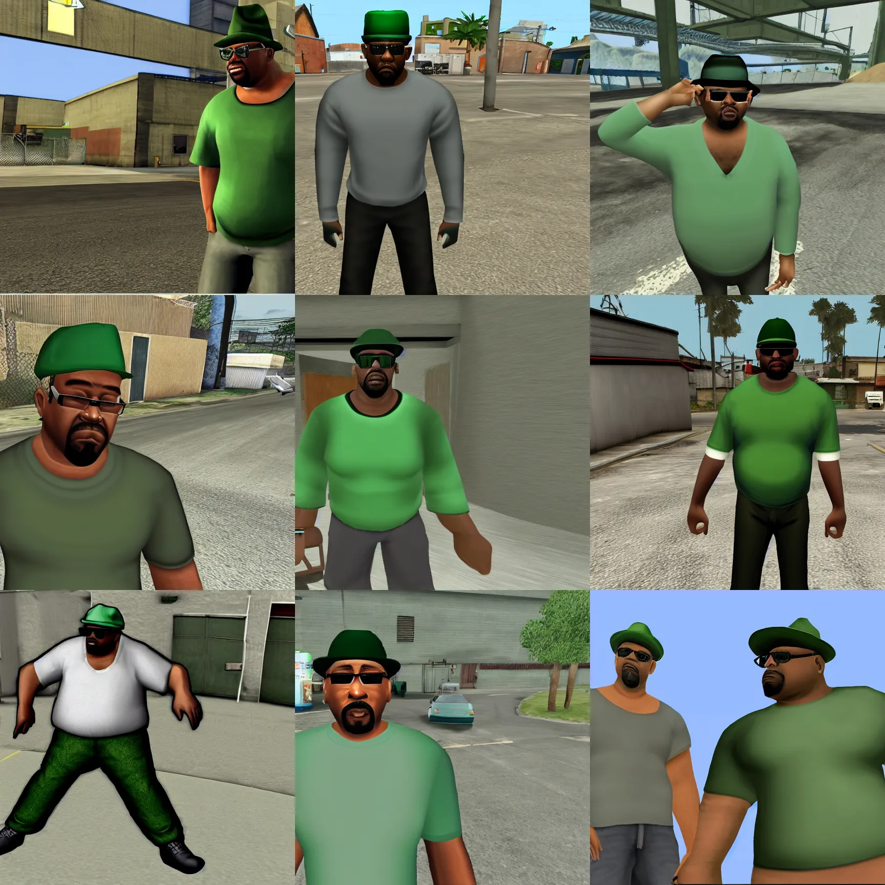 Prompt: screenshot of big smoke in green clothing, wearing grey trilby hat, bulging belly, from gta san andreas for the ps 2