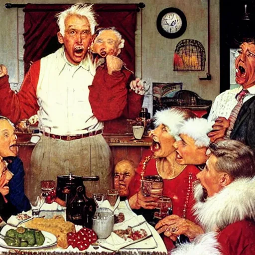 Prompt: a man yelling at his mother during a family christmas dinner by norman rockwell