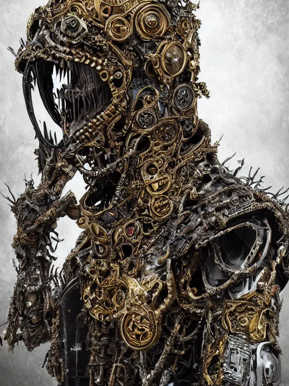 Image similar to portrait art of 8k ultra realistic undead eldritch horror corrupted vampire king, ornate gold crown , detailed intricate ornate armour,decaying, cybernetic, full of colour, cinematic lighting, battered, trending on artstation, 4k, hyperrealistic, focused, extreme details,unreal engine 5, cinematic, masterpiece, art by ayami kojima, giger