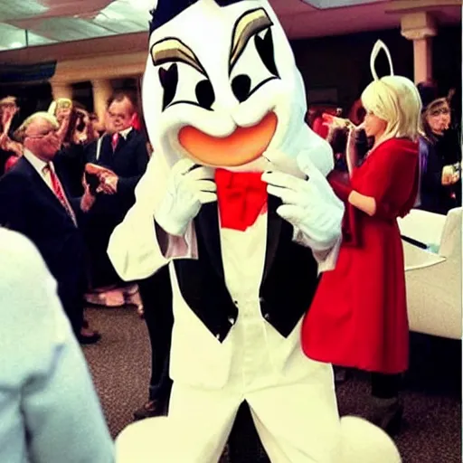 Image similar to paparazzi photo Donald Trump cosplay as Bugs Bunny! spying on children at a birthday party, high quality, good lighting, masterpiece, beautiful beautiful beautiful beautiful beautiful