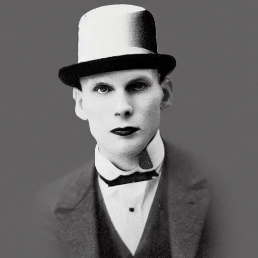 Image similar to A photograph portrait of Jerma985 wearing a bowler hat in the early 1920s, taken in the early 1920s, grainy, taken on a early 1900s Kodak Camera, realistic, hyperrealistic, very realistic, highly detailed, very detailed, extremely detailed, detailed, digital art, trending on artstation