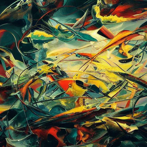 Image similar to jackson pollock painting, abstract chaos art, fantasy, hd, volumetric lighting, 4 k, intricate detail, by jesper ejsing, irakli nadar