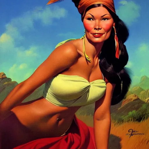 Prompt: portrait of pocahontas, expressive pose, highly detailed, digital painting, smooth, sharp focus, by gil elvgren