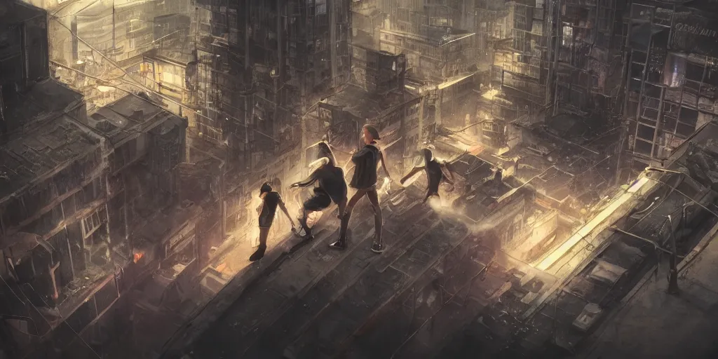 Image similar to cinematic shots of teenagers with tech clothing and hoods and tactical masks doing risky parkour on the rooftops of a dystopian city, neon lights, sci - fi, night lights, rain and haze, concept art, intricate, in the style of katsuhiro otomo, akira, unreal engine