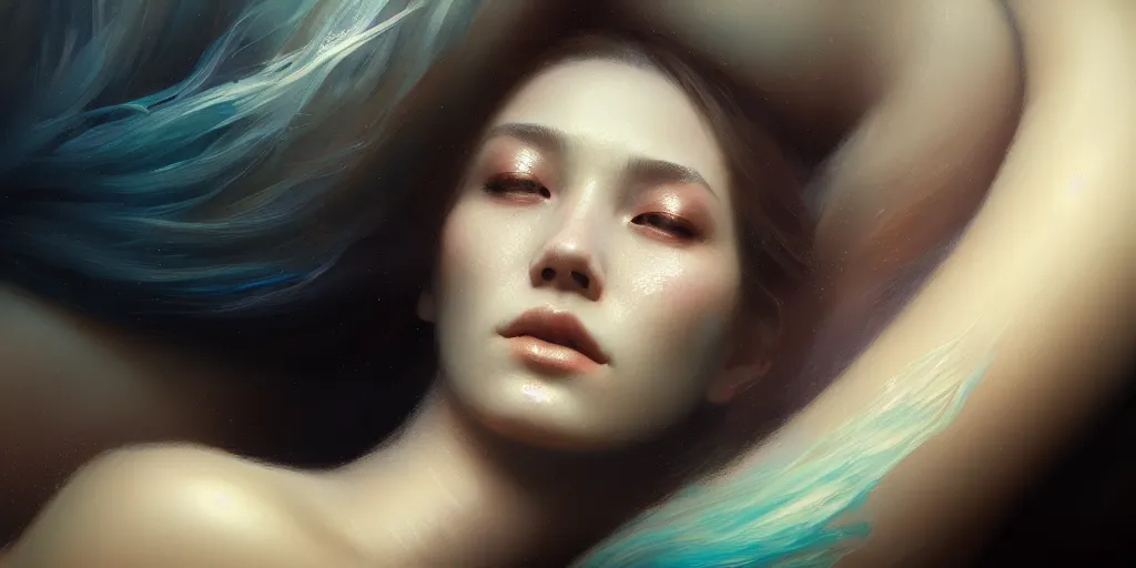 Image similar to close up face portrait of a beautiful woman laying down inside a sentetic fluid, dim light, extremely detailed digital painting, in the style of fenghua zhong and ruan jia and jeremy lipking and peter mohrbacher, mystical colors, rim light, beautiful lighting, 8 k, stunning scene, raytracing, octane, trending on artstation