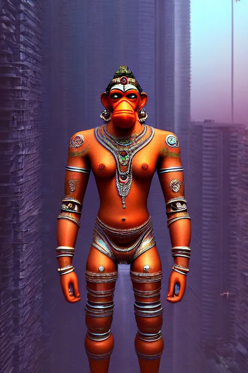 Image similar to high quality 3 d render hyperrealistic cyborg!! hanuman! madhubani, highly detailed, cyberpunk mumbai in the background, unreal engine cinematic smooth, in the style of solaris, hannah yata charlie immer, moody light, low angle, uhd 8 k, sharp focus