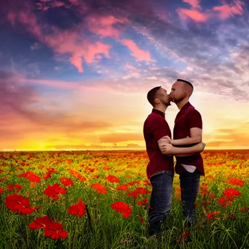 Image similar to a gay couple in their 30s together in a field of flowers at sunset, realistic, intricate, 4k