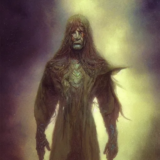 Image similar to frontal portrait painting in the style of artstation of a druid standing alone at the beginning of time by greg rutkowski and alan lee and brian froud