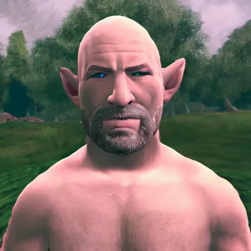 Prompt: character screenshot of bald ufc dana white, npc, ocarina of time, field, 3 6 0 p, bokeh, legend of zelda, detailed, dialog text