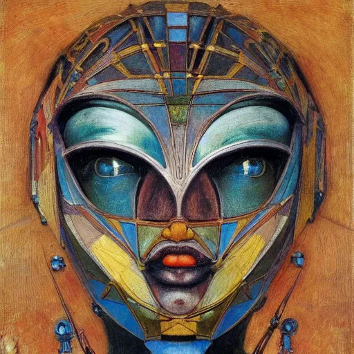 Image similar to the robot queen with her bird mask, by annie swynnerton and diego rivera and elihu vedder, symbolist, dramatic lighting, elaborate geometric ornament, art brut, soft cool colors, smooth, sharp focus, extremely detailed, adolf wolfli and donato giancola