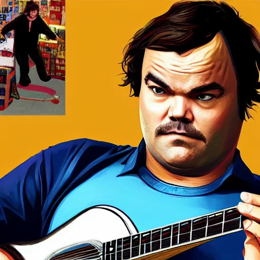 Image similar to jack black portrait with a guitar in gta v cover art, hyper realistic, highly detailed