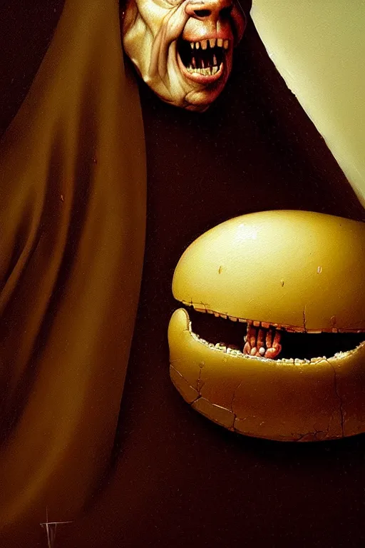 Image similar to hieronymus bosch, greg rutkowski, anna podedworna, painting of a depressed sad hamburger, extreme close up, insane face, crying