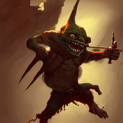 Image similar to a crazy goblin with a slingshot, wearing a grenade belt, by Greg Rutkowski